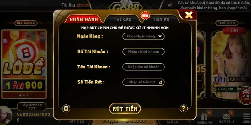 Rút tiền qua ngân hàng tại Go88